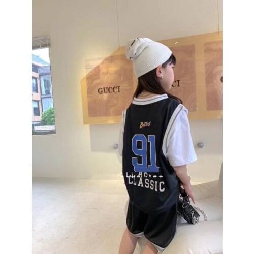 Summer New Kids Clothing Sets 3-8 Y Baby Girls Boys Casual Print Basketball Clothes Suit Fake Two T-shirts Shorts Baby Sport Set