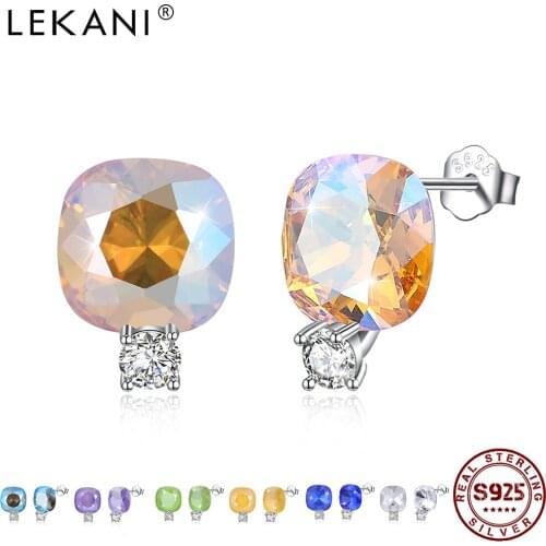 LEKANI 925 Sterling Silver Fine Jewelry Earrings For Women Geometry Colorful Austria Crystal With Shining 5A Zircon Stud Earring