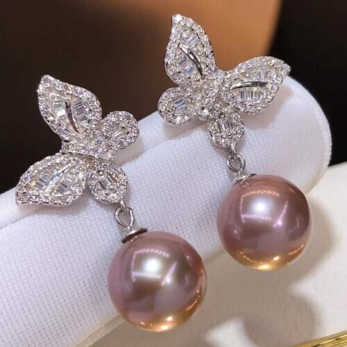 RY Solid 925 Sterling Silver Round 10-11mm Nature Fresh Water Purple Pearls Drop Dangle Earrings for Women