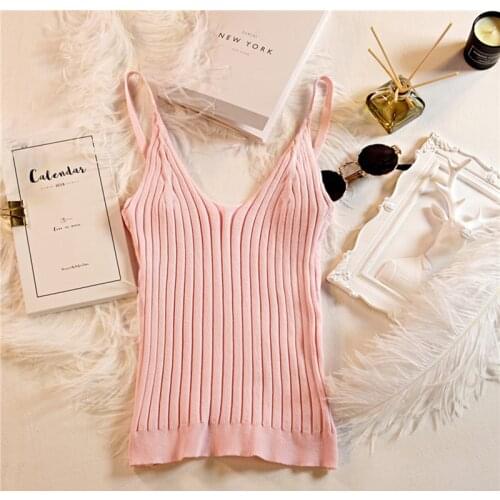 New Women Sexy Knitted Crop Top Crop Sleeveless Cropped Vest Slim Sling Knitted Tank Top Plain Camisole High Elastic Camis