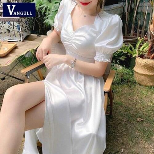 Vangull French Ruffle Dress Women Sexy Puff Sleeve Split Dress Female Office Lady Summer New Elegant V-Neck Chiffon Fairy Dress
