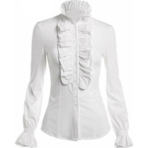 Womens Vintage Victorian T-Shirt High Neck Lotus Ruffles Button Blouse Slim Tops F42F