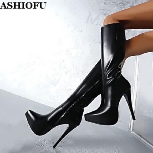 ASHIOFU Handmade Ladies Sky-heel Boots Pointed-toe Party Prom Knee High Boots Winter PU Leather Evening Fashion Female Boots
