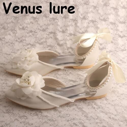 Women Flats Pointed Toes Ivory Satin Pearl Strap Bridal Wedding Shoes