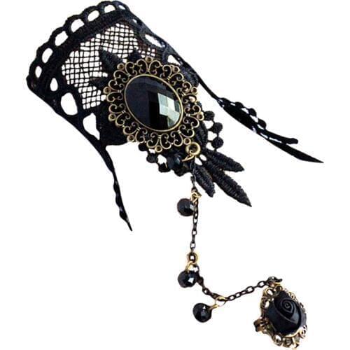 1pc Handmade Gothic Style Retro Lace Bracelet With Ring Wedding Wristband Decor Jewelry Accessories For Women Party Dress Up