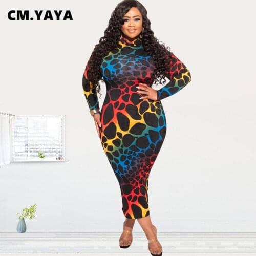 CM.YAYA Women Plus Size Multicolor Leopard O-neck Long Sleeve Midi Maxi Dress for Fashion Vintage Bodycon Long Dresses Outfits