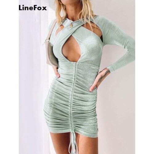 OneLineFox Womens Fall Bodycon Dress Drawstring Backless Long Sleeve Ruched Cut 2 Layer Mini Vestido Sexy Black Dresses 2021