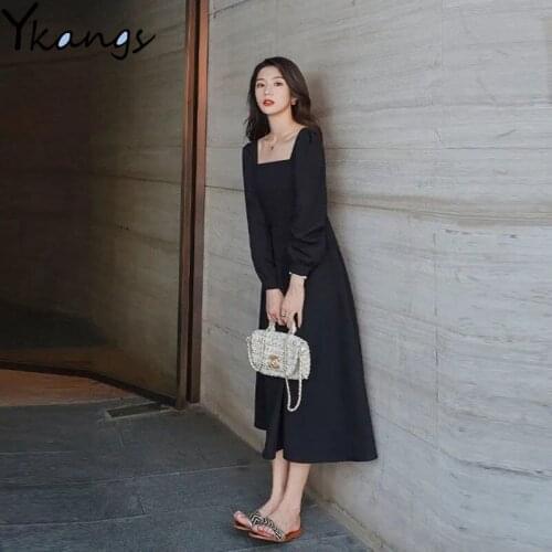 Elegant Square Collar Puff Long Sleeve Dress Women High Waist Retro Black Dresses Korean Style Ankle-length Dress Female Autumn