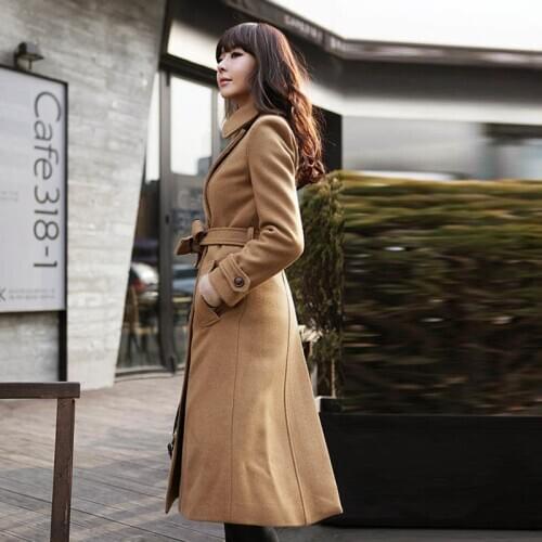 2020 Winter New Lady Wool Coat Fashion Solid Belted Overcoat European Slim Fit Long Outwear Female Casual Double Breasted Coats