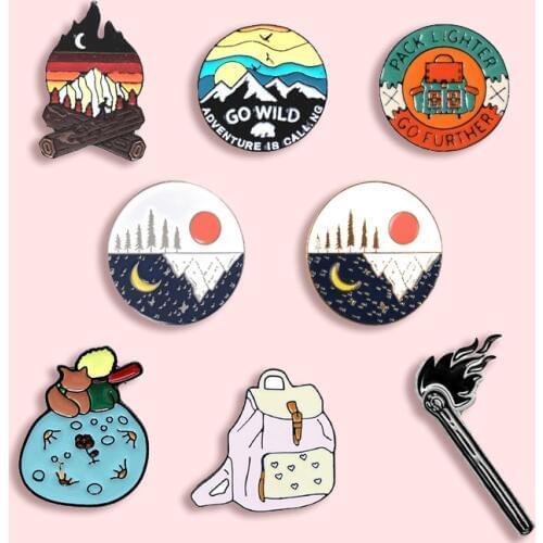 Travel Backpack Badge Pin Camper Burning Torch Metal Enamel Brooch Cute Trendy Adventurer Mountaineering Costume Jewelry Gift