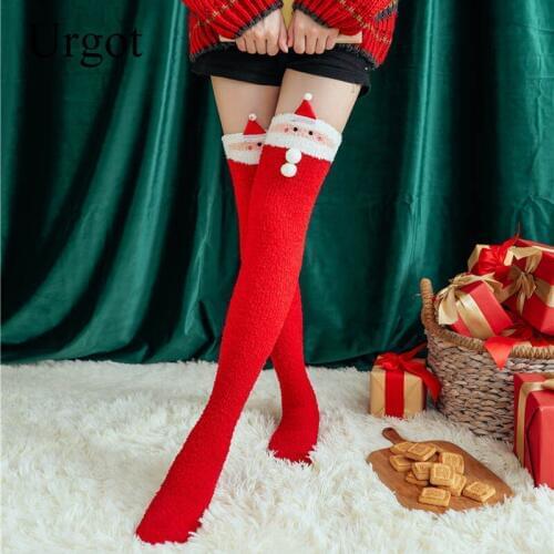 Urgot 3 Pairs Women Christmas Thigh High Long Stockings Warm Winter Knitting Over Knee Ladies Sleep Floor Sox Meias Calcetines