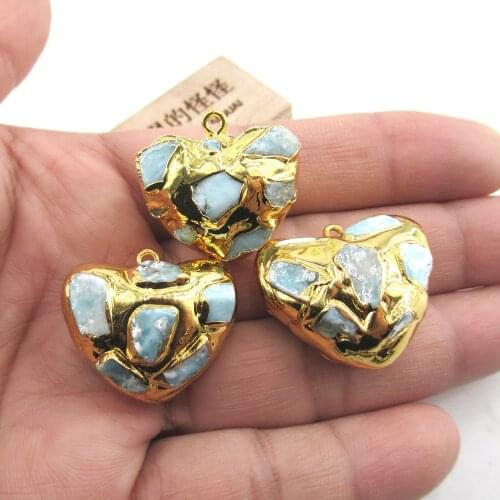 3PCS Fashion Natural Blue Larimar Heart Shaped Pendant with 24K Metal Plated Pendants charm 28x28mm