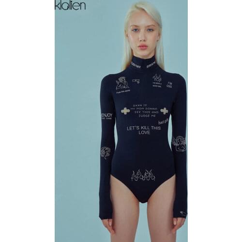 KLALIEN Fashion Print Letter Skinny Casual Turtleneck Long Sleeve Spring Bodysuit Women Simple Basic Wild Female Bodysuit