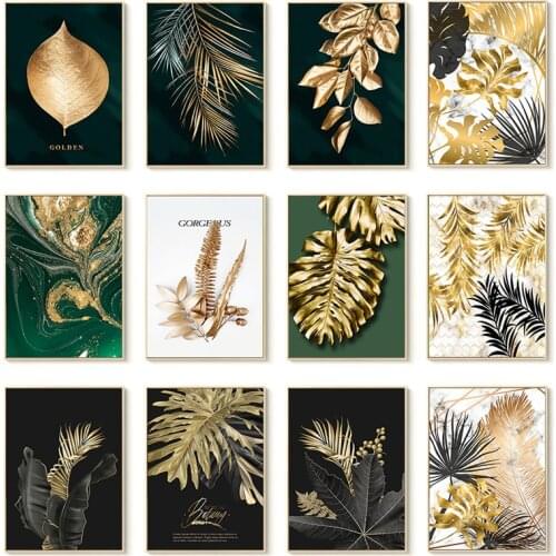 Black golden leaves Green background Simple canvas painting Living room decor Sofa background decoration paintings frameless