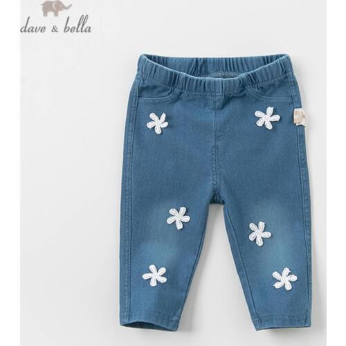 DB12994 dave bella spring baby girls fashion floral appliques pants children full length kids pants infant toddler trousers