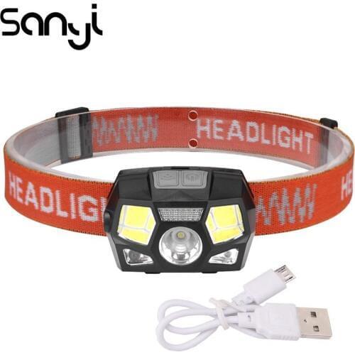 SANYI 2*COB+1*XPE Headlamp USB Rechargeable Super Bright Built-in Battery Flashlight Forehead 5 Modes for Camping Fishing
