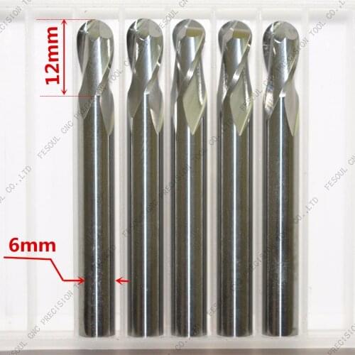 6mm*12mm,5pcs,Free shipping 2 Flutes Ball Head End Mill,CNC milling Cutter,Solid carbide Woodworking relief Bit,wood Cutter
