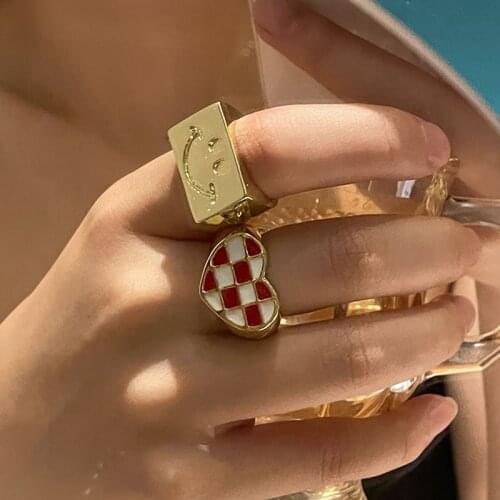 GSOLD New Geometric Wide Square Smiley Open Ring Creative Red White Enamel Heart Ring Women Fashion Party Jewelry Accessories