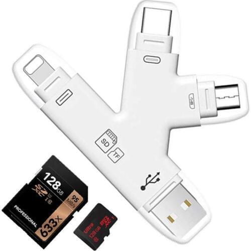LYBALL 4 in 1 TF Micro SD SDHC Card Reader with USB Micro-USB Type-C Connector Extral Memory Flash Drive for iPhone/iPad/Android