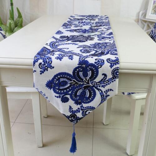 Classical linen table runner thickening phoenix blue and white fabric modern home decorations