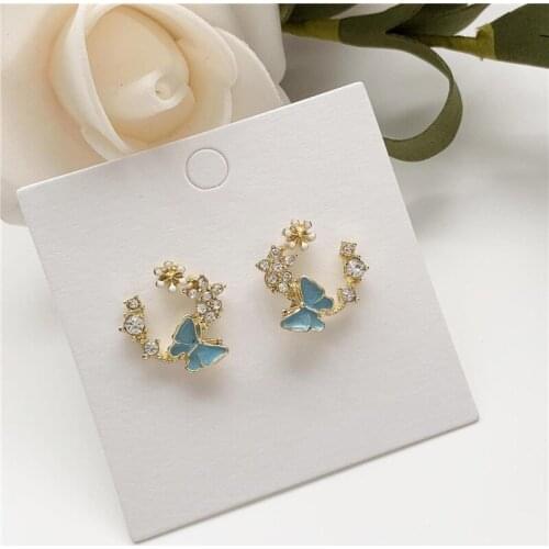 Korean Romantic Cute Rhinestone Inlaid Flower Petal Blue Butterfly Stud Earrings for Women Girls Kids Ear Jewelry Gift Wholesale