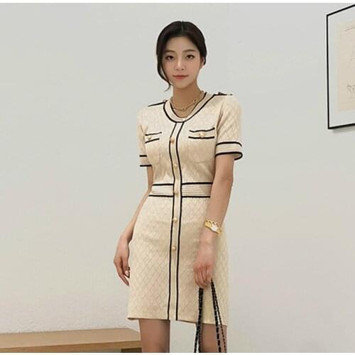 Korean Style Elegant Knitted Dresses for Women Short Sleeve Singer Button Pocket White Autumn Dress Woman Casual Dress Women