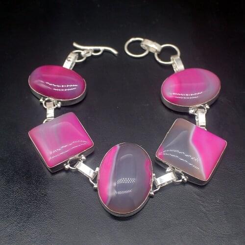 Huge Jewelry Stone Classic Botswana Agatee Silver Color Charms Links Bracelets For Women 8.75 Inch HD769