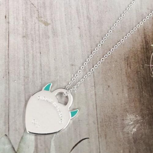Ms S925 pure silver classic pink enamel devil horns heart-shaped silver necklace pendant cyan blue glue heart-shaped necklace
