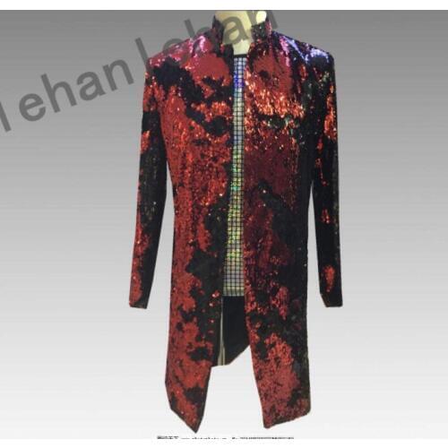 Stand collar rock clothes men long suits designs stage costumes singers jacket men sequins blazer dance star style dress punk