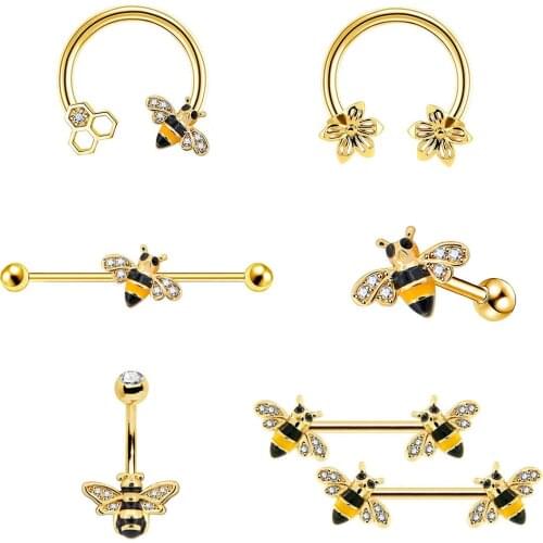 BODY PUNK Bee Set 16G Daith Earring Qute Helix Hoop Septum Piercing Sexy Jewelry Gold Circular Bee CBR Nose Ring
