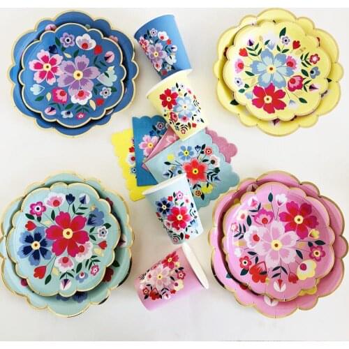 Disposable Tableware Sets Flower Paper Plates Cups Napkins Straw Party Supplies Kids Girl Baby Shower Wedding Birthday Decor