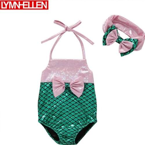New Toddler Infant Baby Girls Fish Scale Swimsuit One-piece Bow-knot Swimwear Swimming Costume Summer Cute Bikini Sling Romper