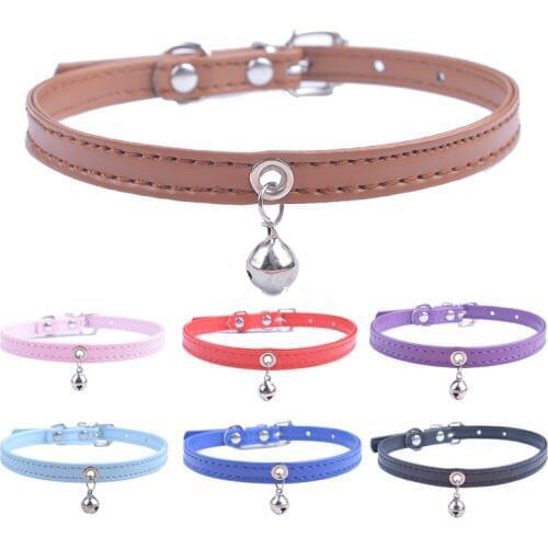 Cute Cat Collar Solid Faux Leather Adjustable Pet Collars With Bell Cats Products For Pets Red Blue Brown Pink Size XS S M