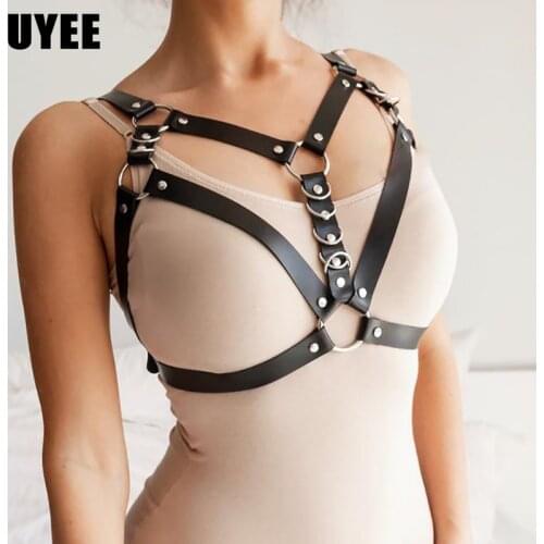 UYEE Sexy Woman Chest Harness Pu Leather Belt Lingerie Full Body Bondage Strap Thigh Harness Suspender Clubwear Goth Garter Belt