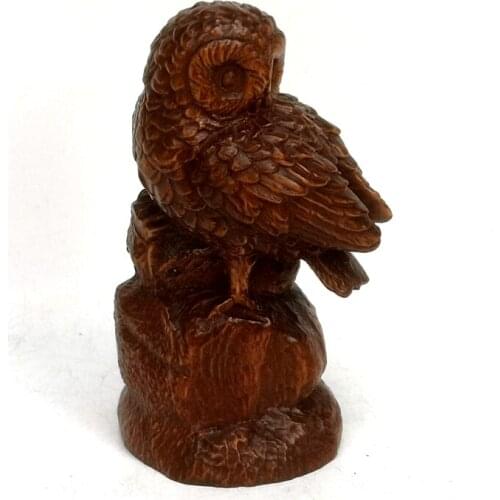 YIZHU CULTUER ART Collected China Old Boxwood Hand Carved vivid Owl Statue Family Decoration Gift
