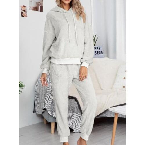 2020 New Autumn and Winter Double-sided Plush Hooded Drawstring Sweater Pure Color Casual Home Women Suit Set