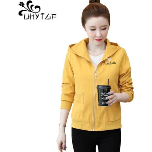 UHYTGF New Spring Autumn Jacket Womens Fashion Embroidered Hooded Student Casual Short Tops Solid Wild Loose Plus Size Coat 1551