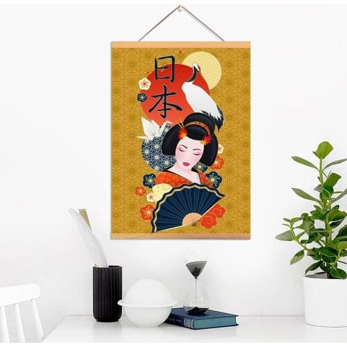 Home Decoration Japan Kimono Wall Artwork Picture Wooden Scroll Hanging Painting Print Canvas Paper Crane Poster For Living Room