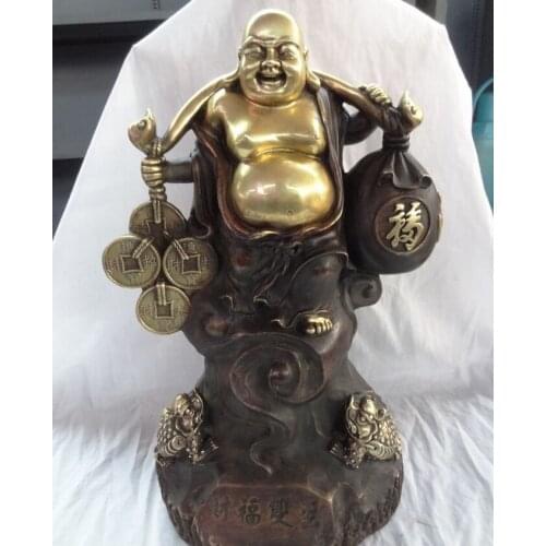 USPS to USA S1622 17" Chinese Bronze Gilt Hoptoad Coin RuYi Bag Joss Happy Maitreya Buddha Statue