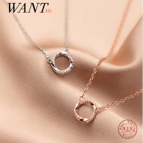 WANTME 925 Sterling Silver Shiny Zircon Geometric Circle Twist Pendant Clavicle Chain Necklace for Women Hollow Party Jewelry