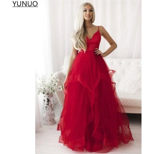 YUNUO 2021 Red Ruffle Tulle A Line Prom Evening Dress Spaghetti Straps Floor Length Graduation Party Gowns платье на выпускной