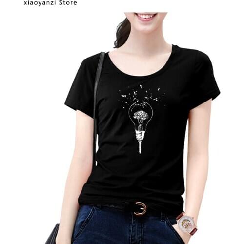 Brain women T shirt Free Your Mind Creative Design Soft Breathable High Quality Black Cotton Broken Light Bulb T-shirt
