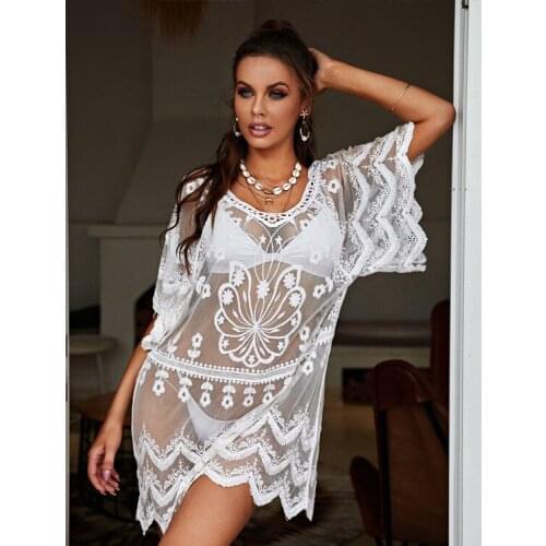 Women Bikini Cover up Knit Flower Beach Dress Swimwear Lace Bathing Suit Summer Holiday Dress For Ladies