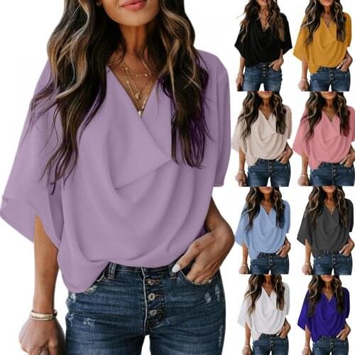 2021 Summer New Womens Top Work T-Shirt Casual Solid Color Chiffon Shirt Loose V-Neck Shirt