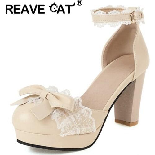 REAVE CAT New 2021 Ladies Sandals Round Toe Flower High Spike Heels Bowknot Platform Lace Solid Color Comfy Date Nonslip A4071