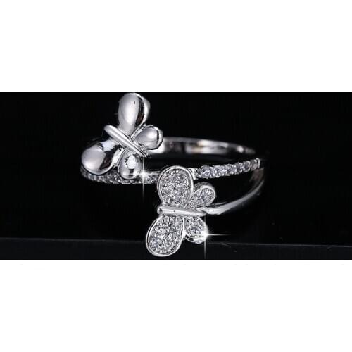 Micro Inlaid Cubic Zirconia Ring Women Ring Silver Plated Double Layer Butterfly Ring Fashion Charm Engagement Party Jewelry