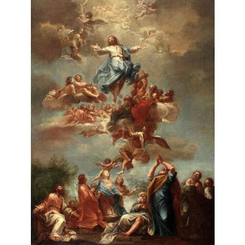 100% HAND PAINTED Oil painting Ascension of Christ with flying angels and Saints Hand painted art