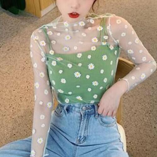 2020 Summer T Shirts For Women Tops Thin Loose Daisy Long-sleeved Sunscreen Transparent Net Shirt Interior Clothes Mesh Top
