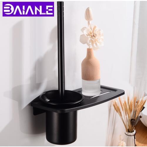 Toilet Brush Holder Black Aluminum Detachable Toilet Brush Holder Set with Shelf Wall Mounted Bath Cleaning Tool Brush Holder
