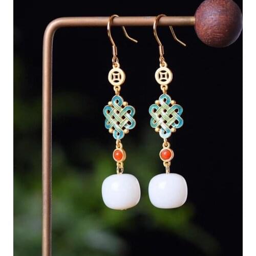 Designer original new Chinese style old-shaped beads Hetian jade earrings retro temperament elegant charm ladies silver jewelry